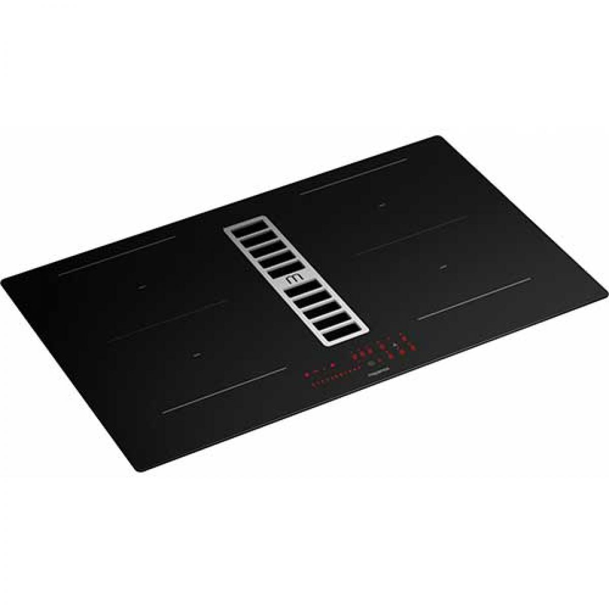 Placa de inducción negra con extractor integrado y luces de control rojas.
