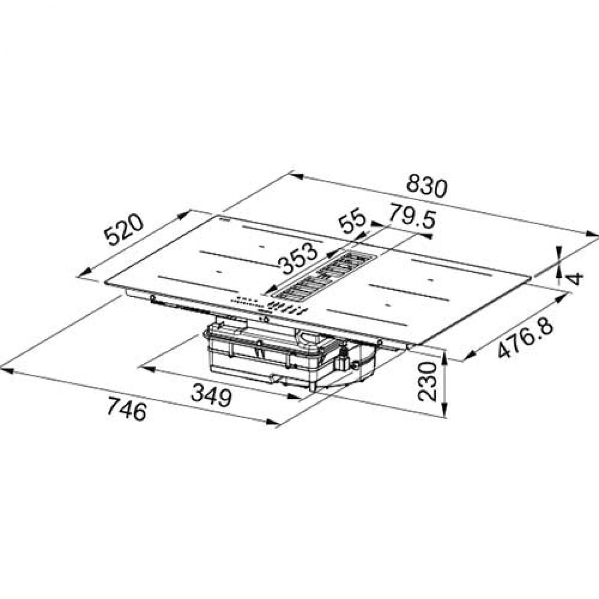 Dibujo técnico de una placa de cocina. Dimensiones en milímetros. Forma rectangular con detalles.