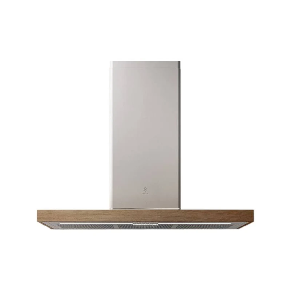 Cappa con finiture in acciaio inox e legno. Il marchio è Elica.