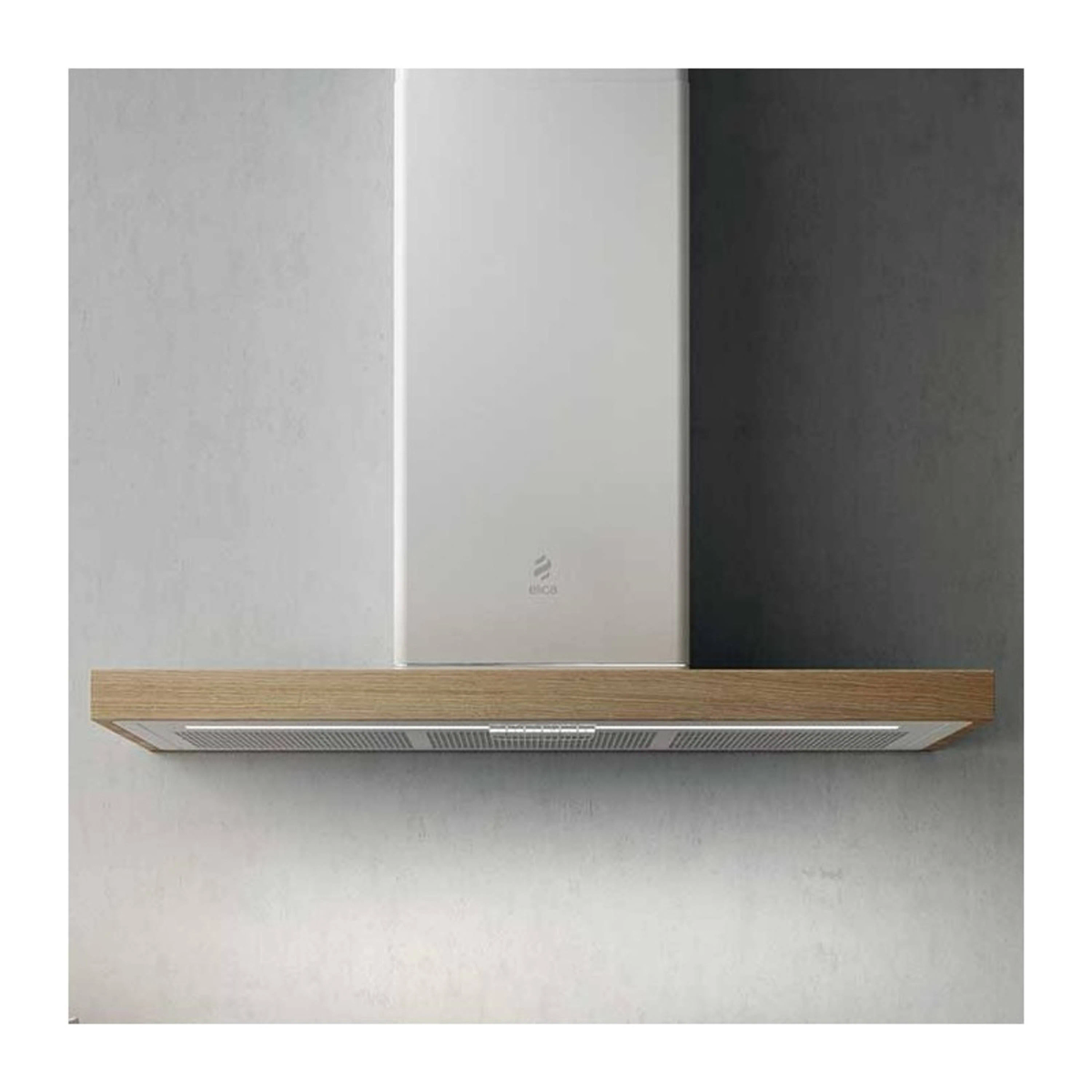 Una cappa in acciaio inox con un ripiano in legno.