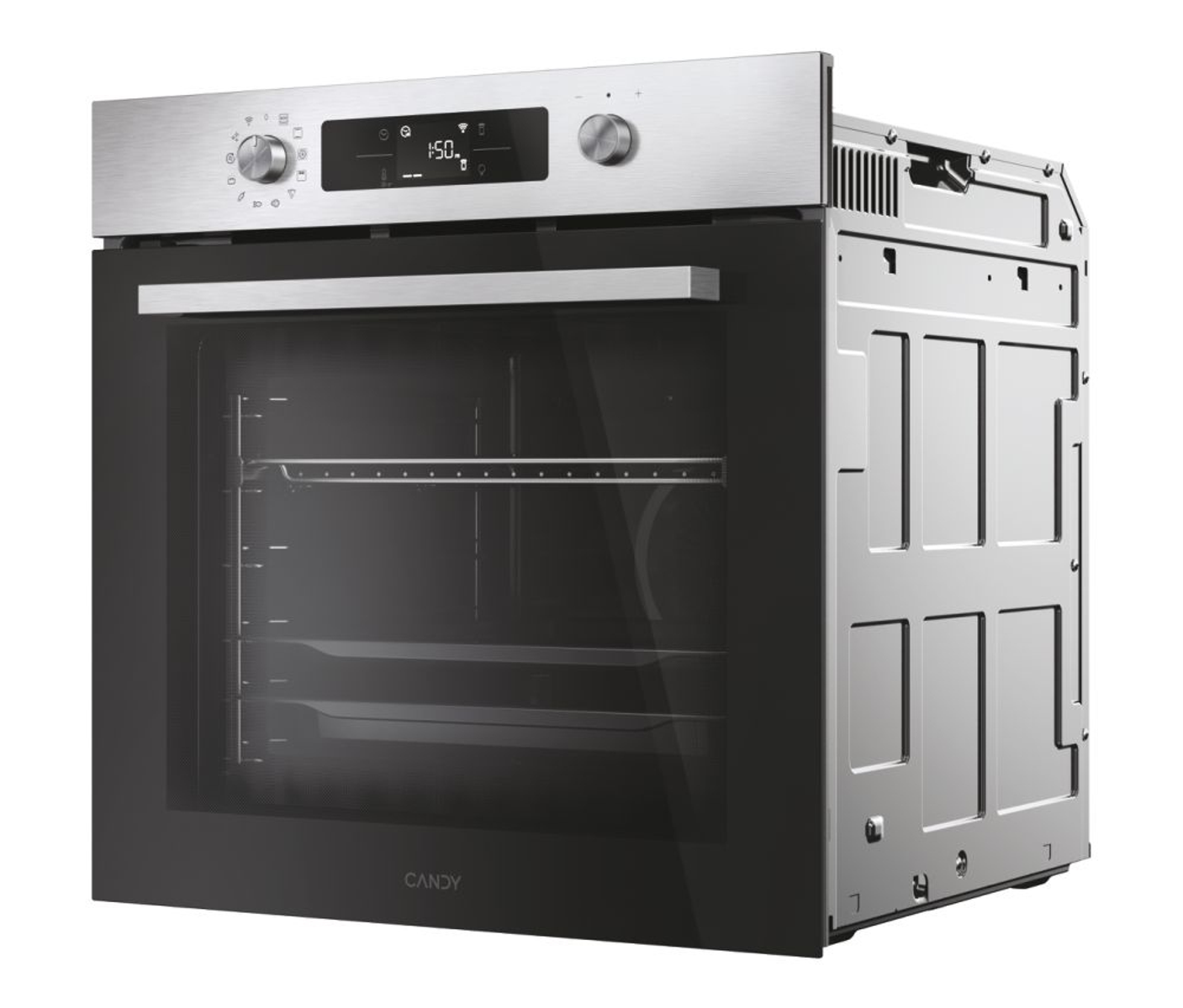 Horno Candy negro con tapa de acero inoxidable, pantalla digital y controles.