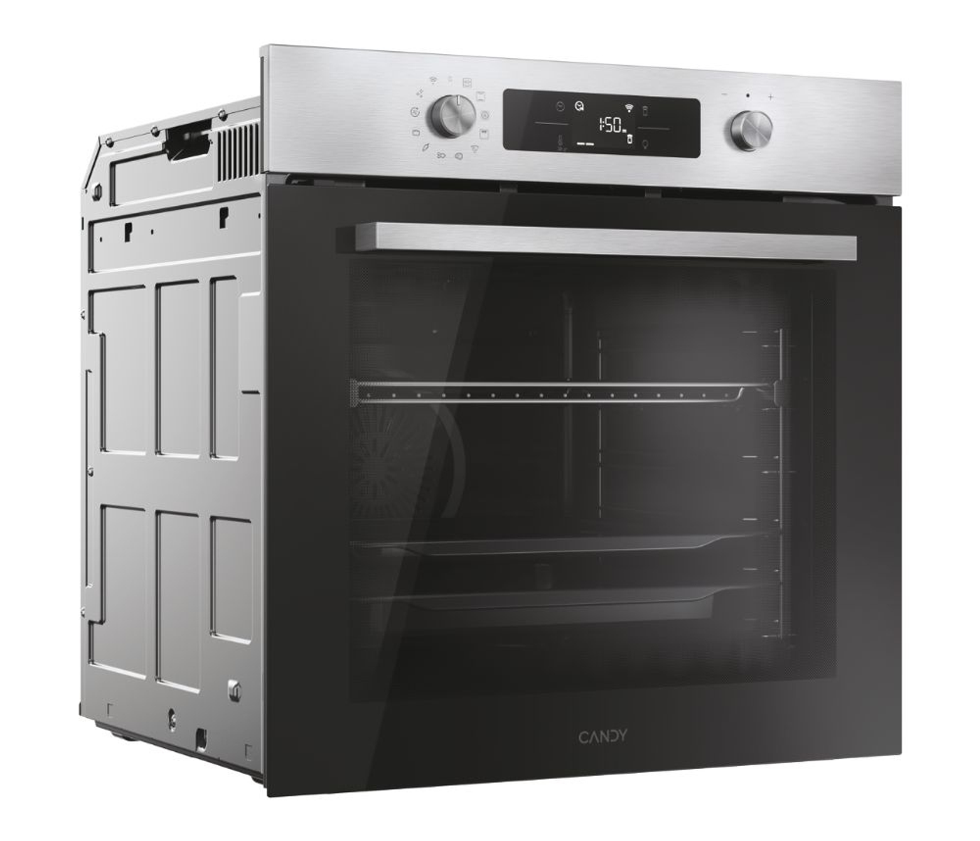 Horno negro y de acero inoxidable con la puerta cerrada. El horno tiene controles digitales.