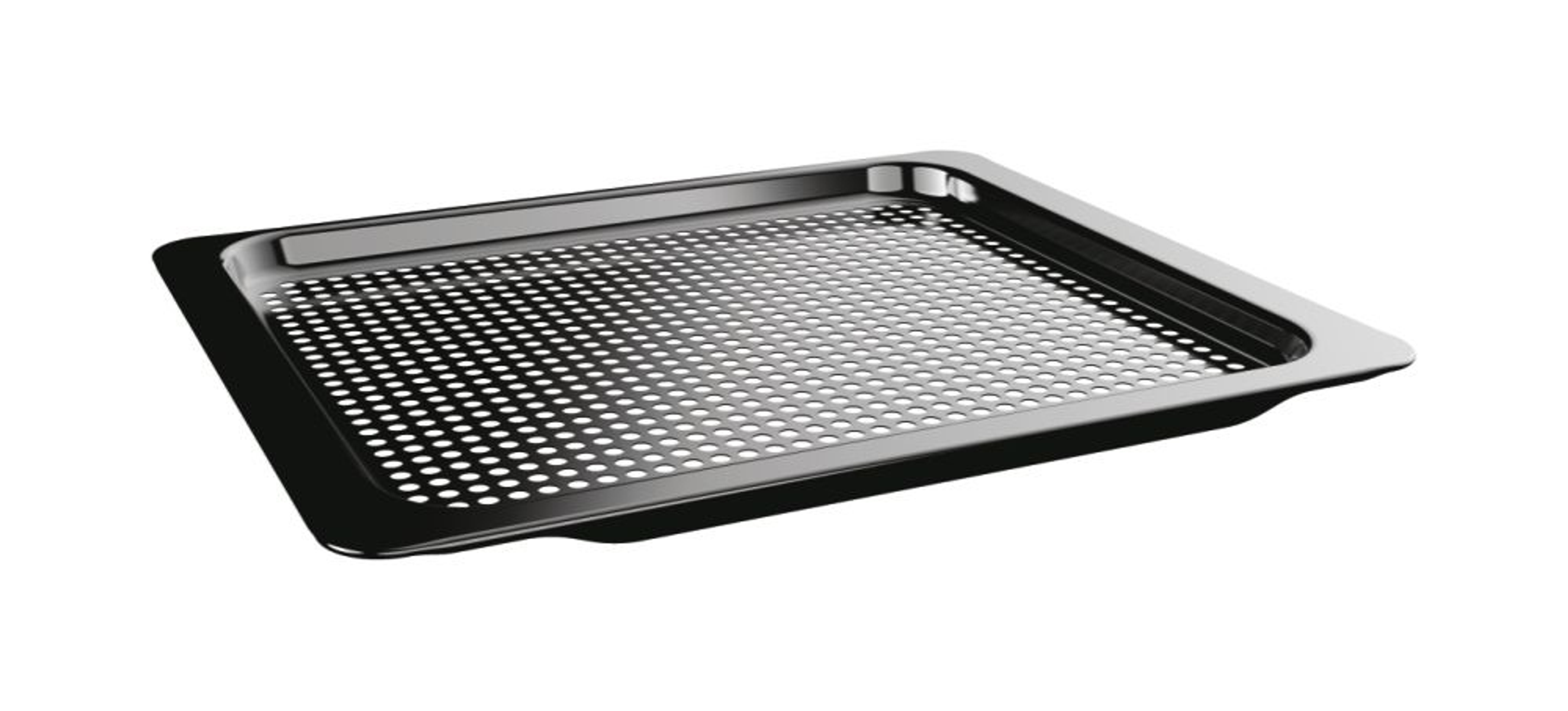 Bandeja de horno de acero inoxidable con superficie perforada y bordes negros.