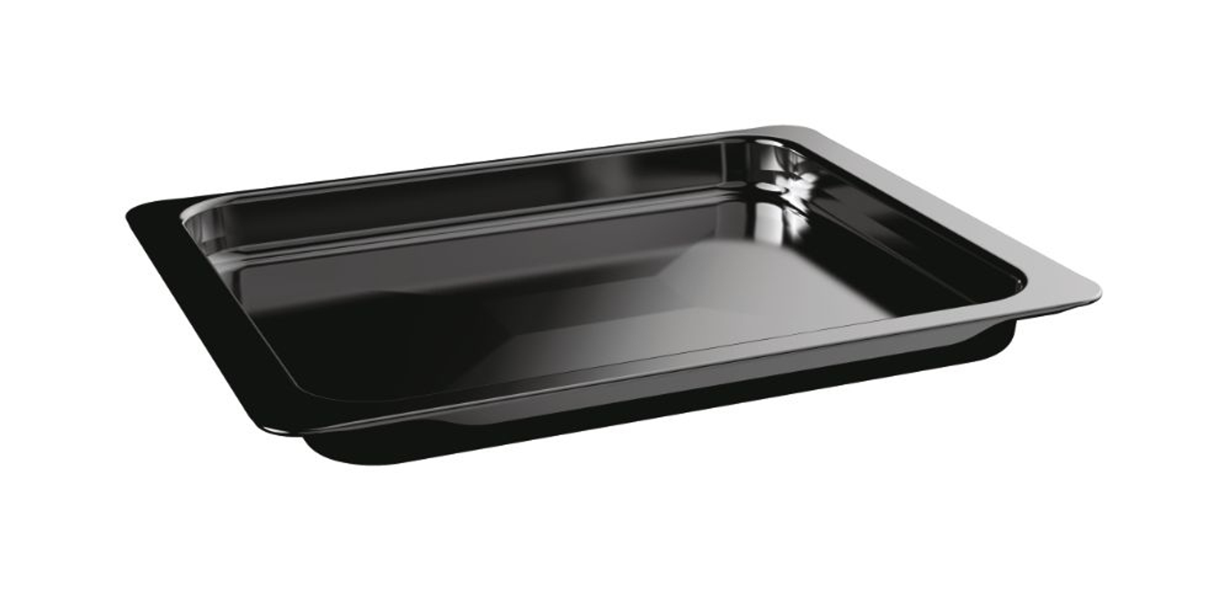 Bandeja de horno negra, rectangular, sobre fondo blanco, superficie brillante.