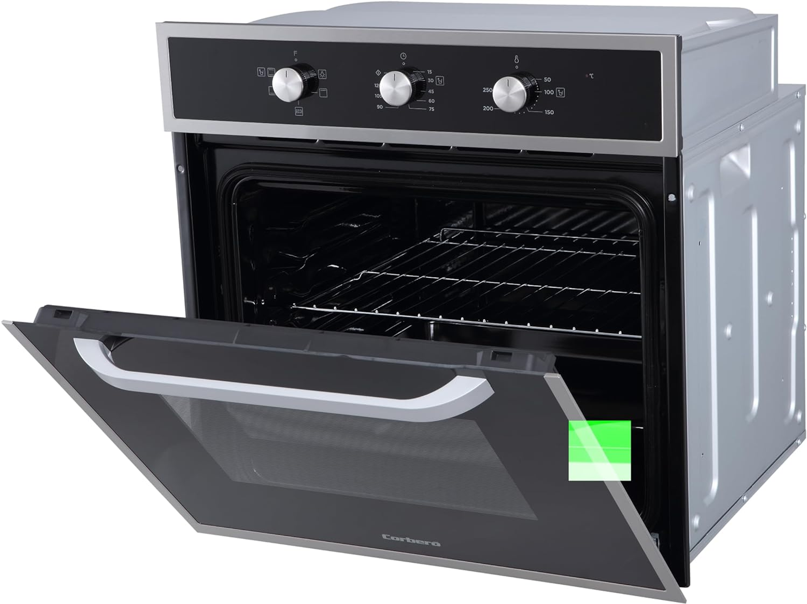 Horno con la puerta abierta, mostrando rejillas interiores y controles.