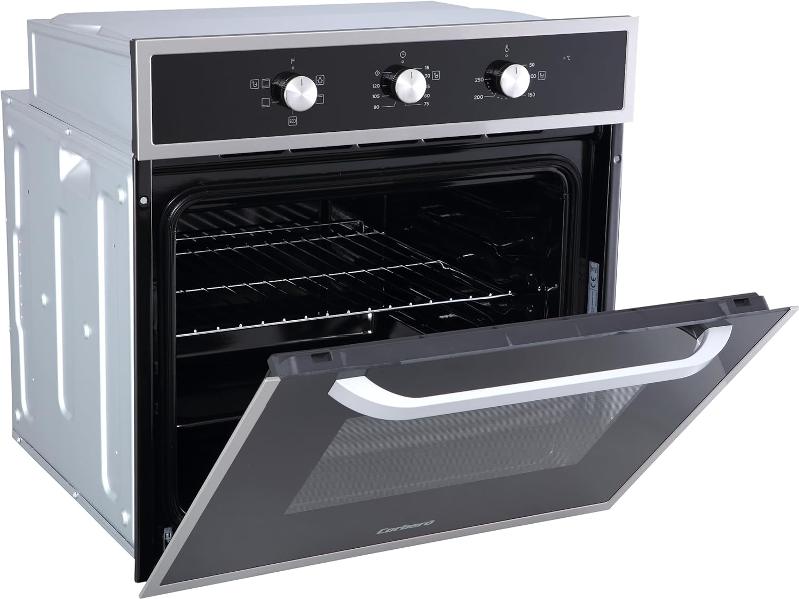 Horno empotrado abierto con puerta negra y laterales de acero inoxidable. Panel superior.