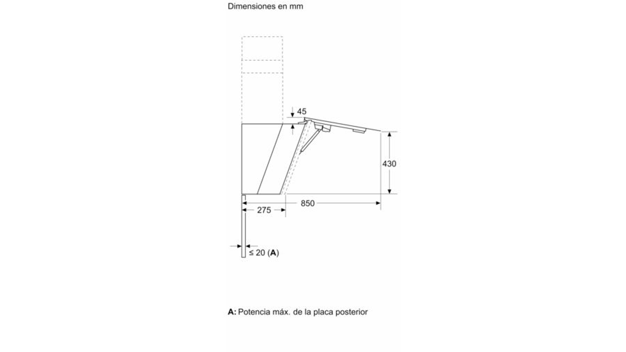 Disegno tecnico con dimensioni per l'installazione di una cappa, misure in millimetri.