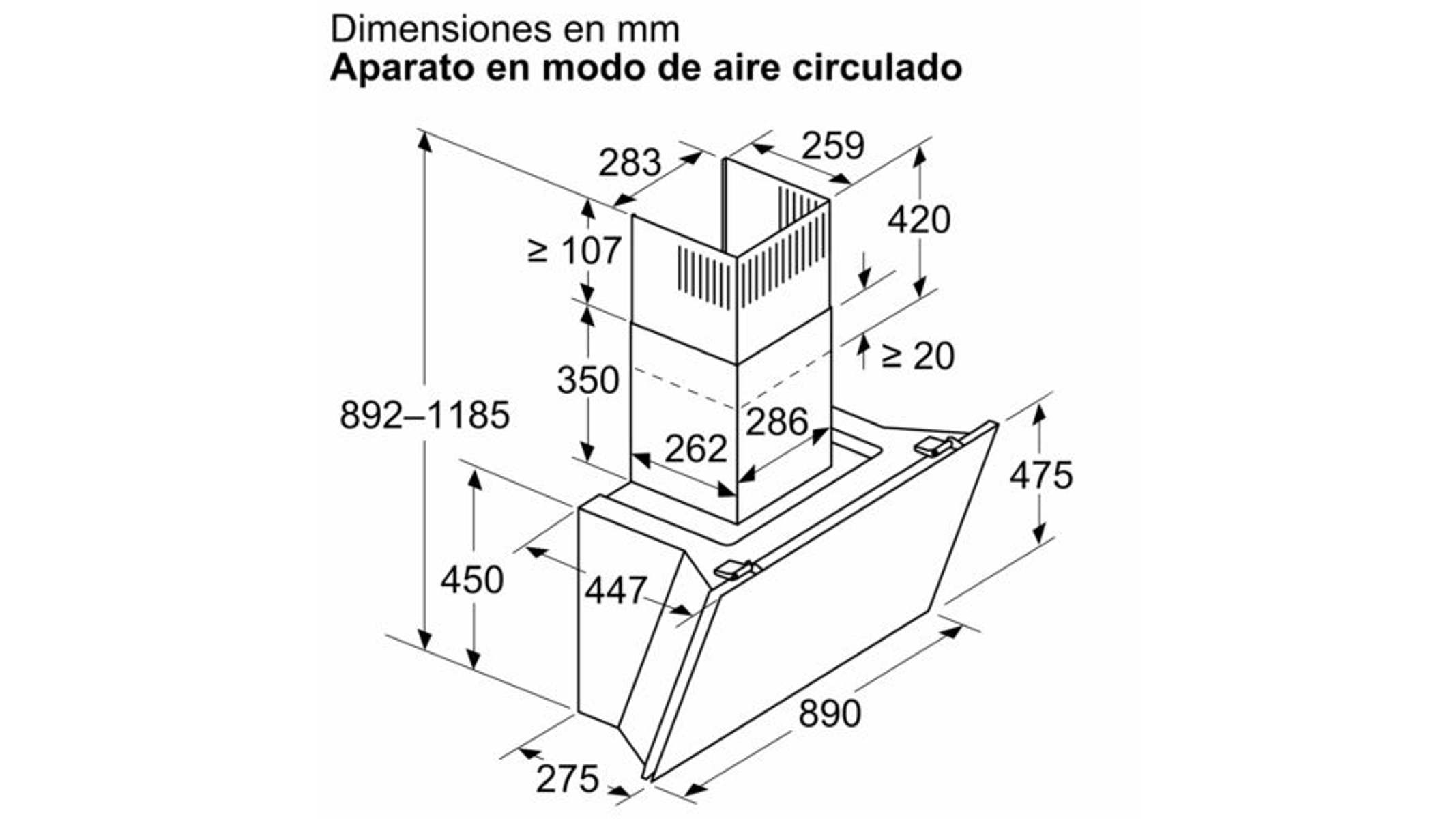 Diagramma che mostra le dimensioni in mm di una cappa in modalità di ricircolo dell'aria, con frecce ed etichette.