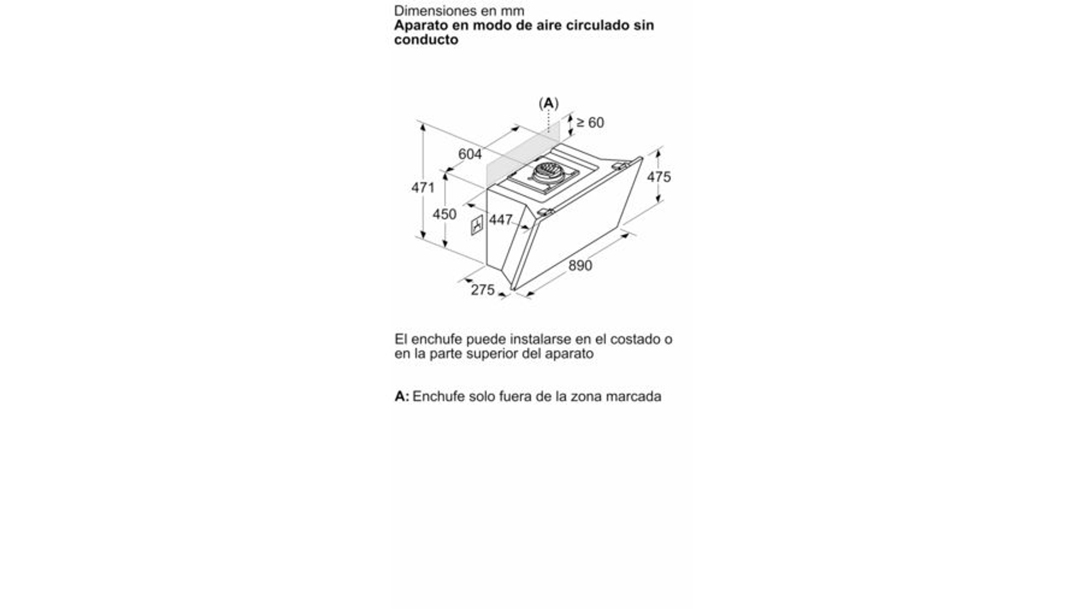 Schema di una cappa con dimensioni in mm.