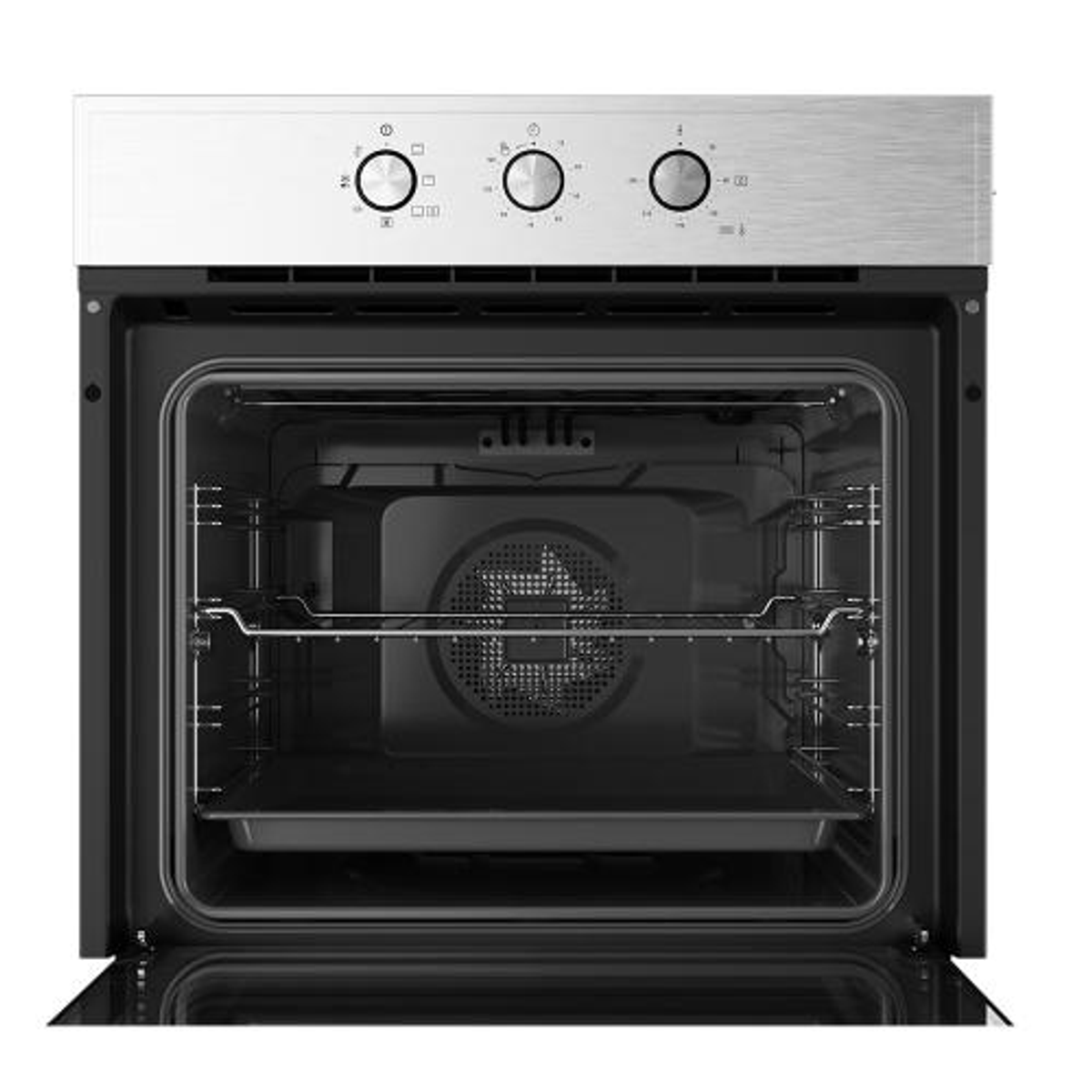 Horno Samsung con vista interior. Muestra opciones de zona superior e inferior. Abierto.