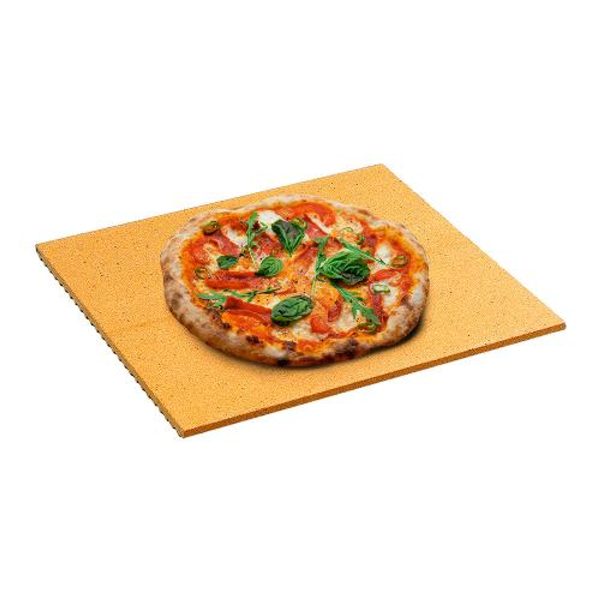 Una pizza en una piedra rectangular naranja. Tiene ingredientes y está lista para comer.