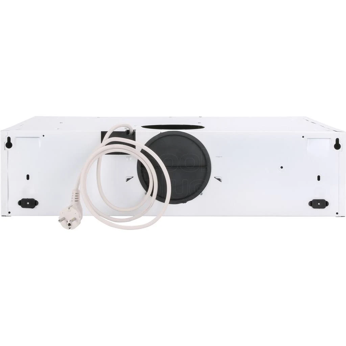 Parte inferior de una campana extractora blanca, que muestra la carcasa del ventilador, un cable y un enchufe eléctrico.