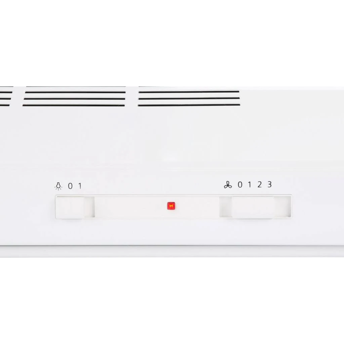 Primer plano del panel de control de una campana extractora blanca con botones y luz roja.