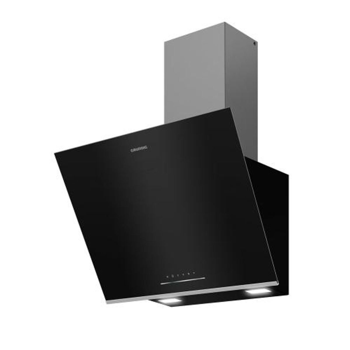 Campana extractora Grundig negra y plateada con frontal inclinado. Tiene luces y un panel de control.