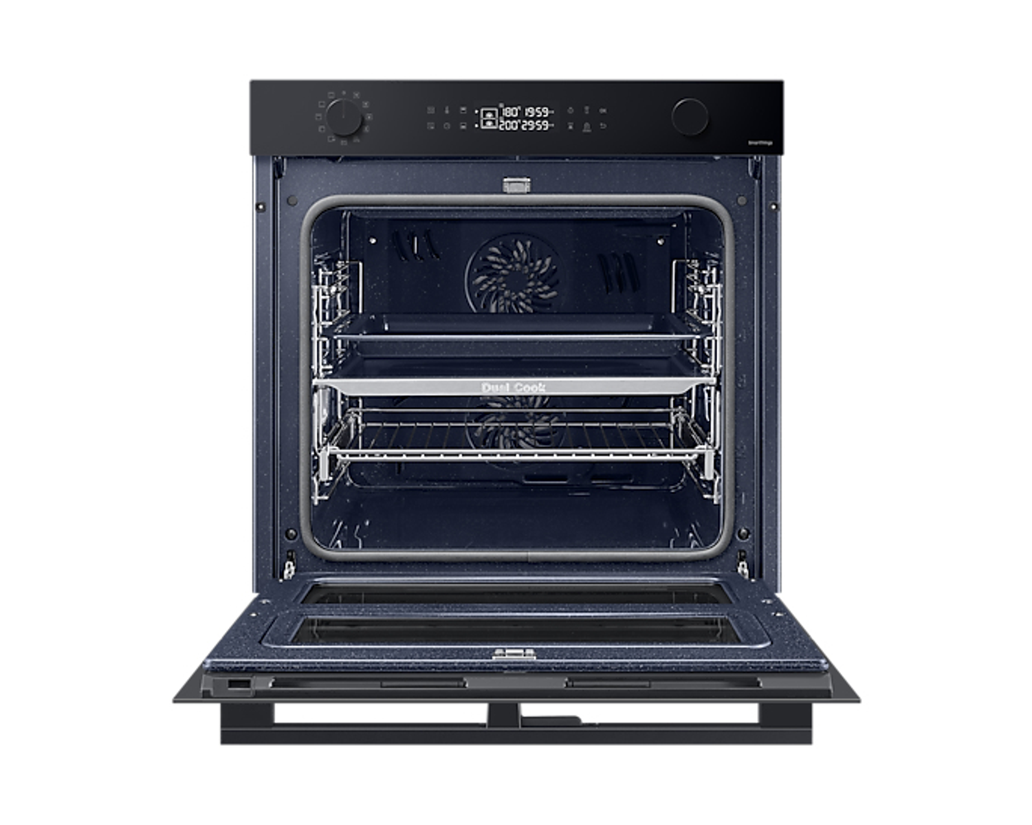 Horno abierto con interior azul. Dos rejillas dentro. Controles arriba, puerta abierta abajo.