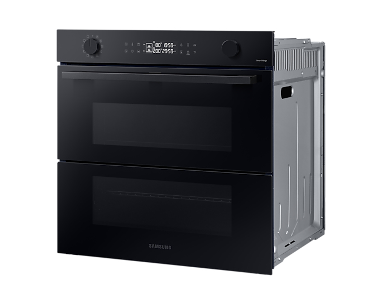 Horno doble negro con pantalla digital y mandos.