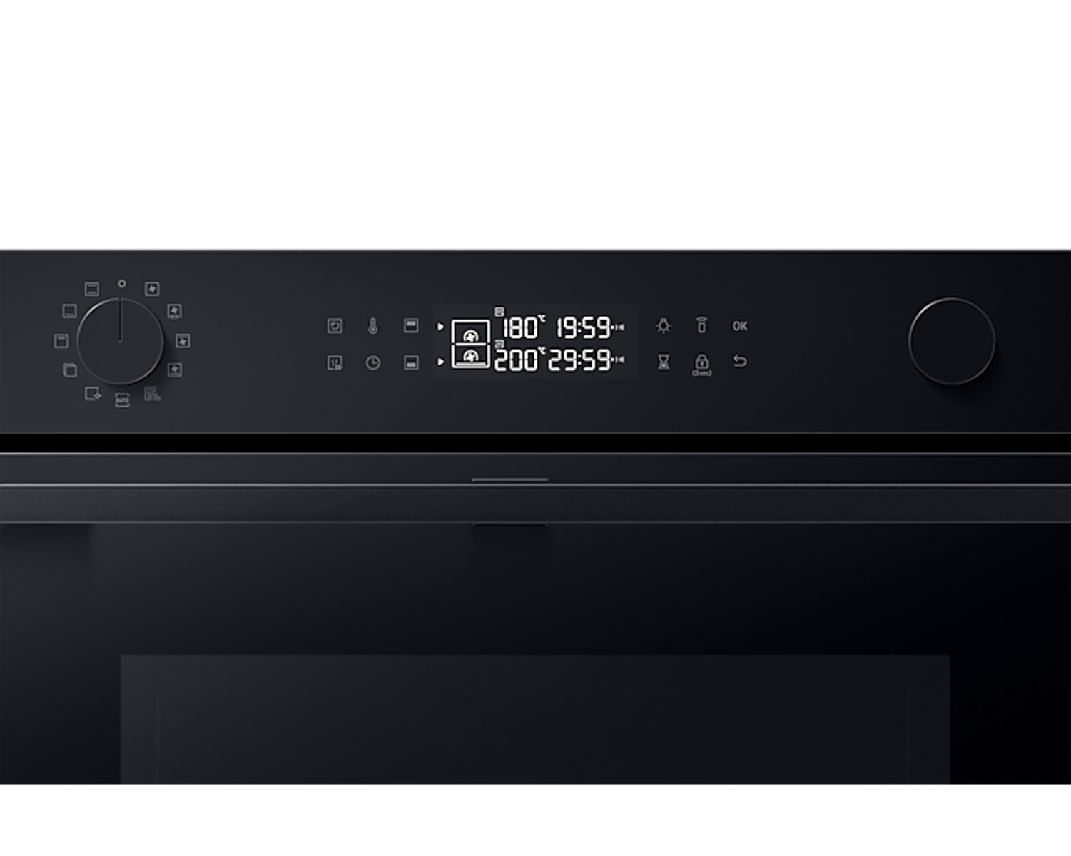 Panel de control de horno negro con pantalla que muestra la temperatura y la hora, y perillas de control.