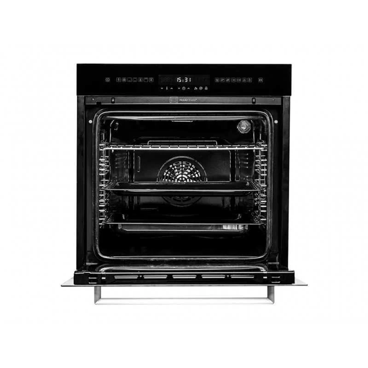 Horno negro con puerta abierta, rejillas dentro y pantalla digital.