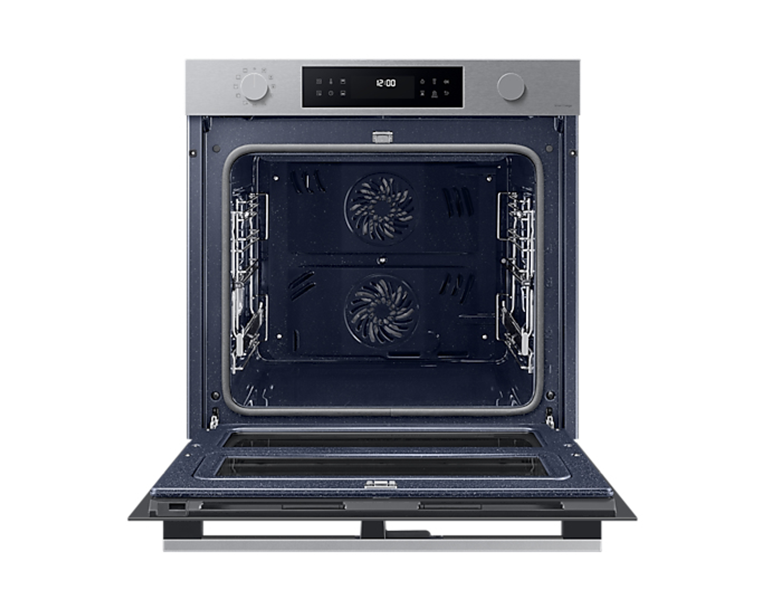 Interior de un horno Samsung abierto con paredes azules y dos elementos de ventilador, vista frontal.
