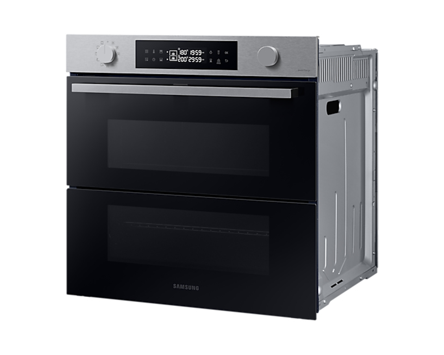 Horno doble con parte superior de acero inoxidable, dos puertas negras y logo Samsung.