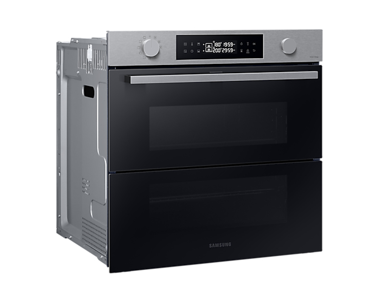Horno doble con puerta de vidrio negro, el logotipo de Samsung es visible. Color plateado alrededor.