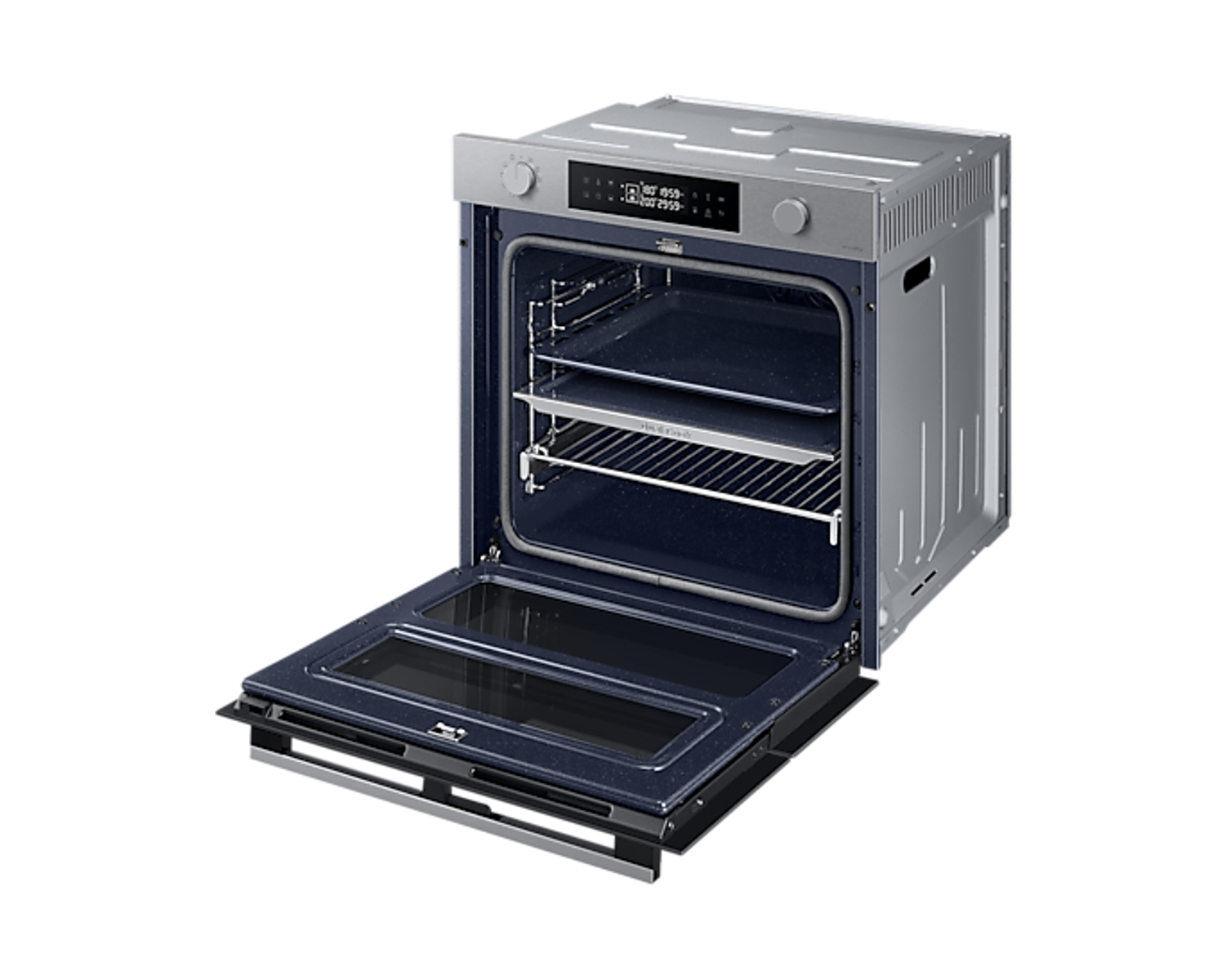 Horno doble con la puerta abierta mostrando estantes y un interior azul oscuro.