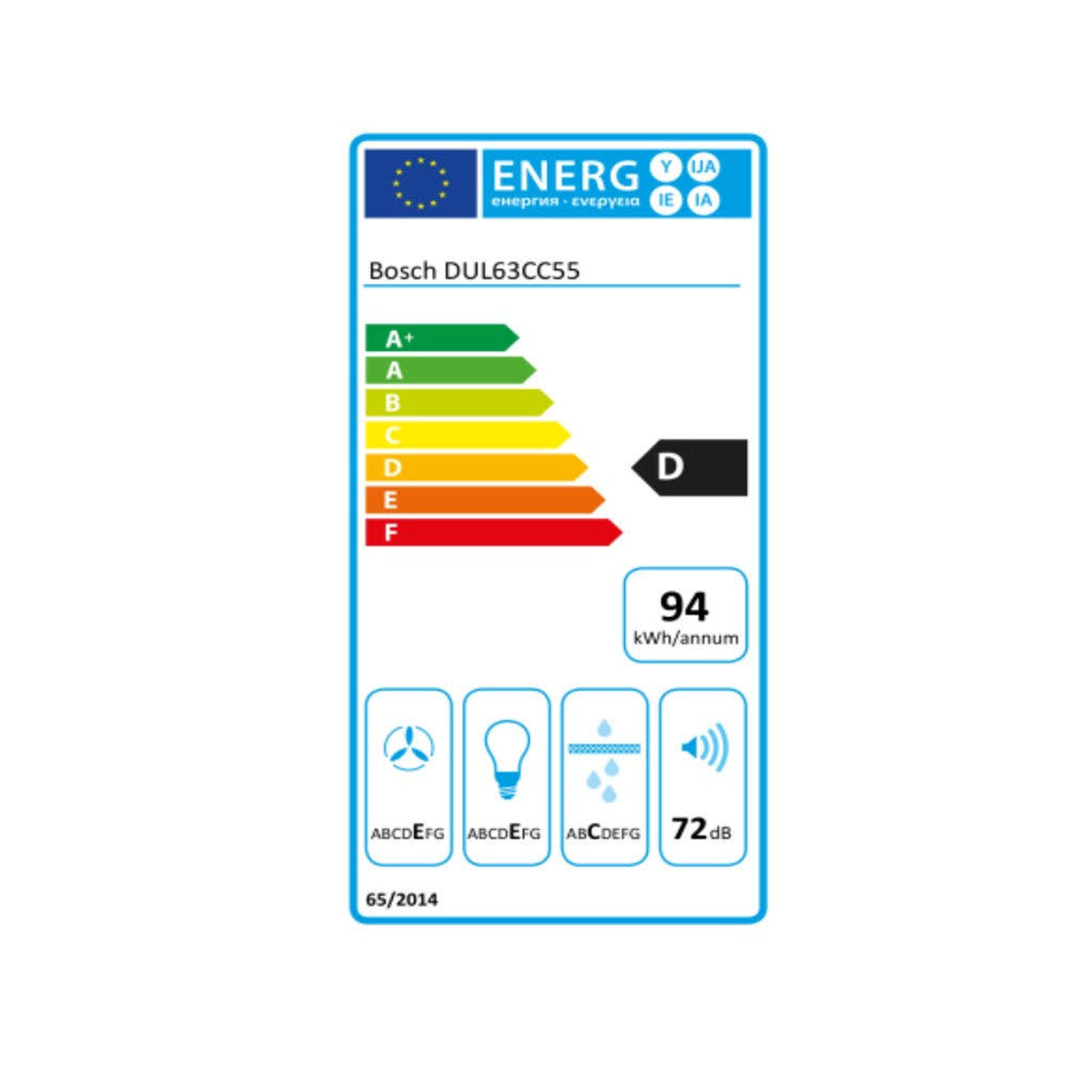 Un'etichetta energetica per un elettrodomestico Bosch, che mostra i valori di efficienza e il consumo energetico.
