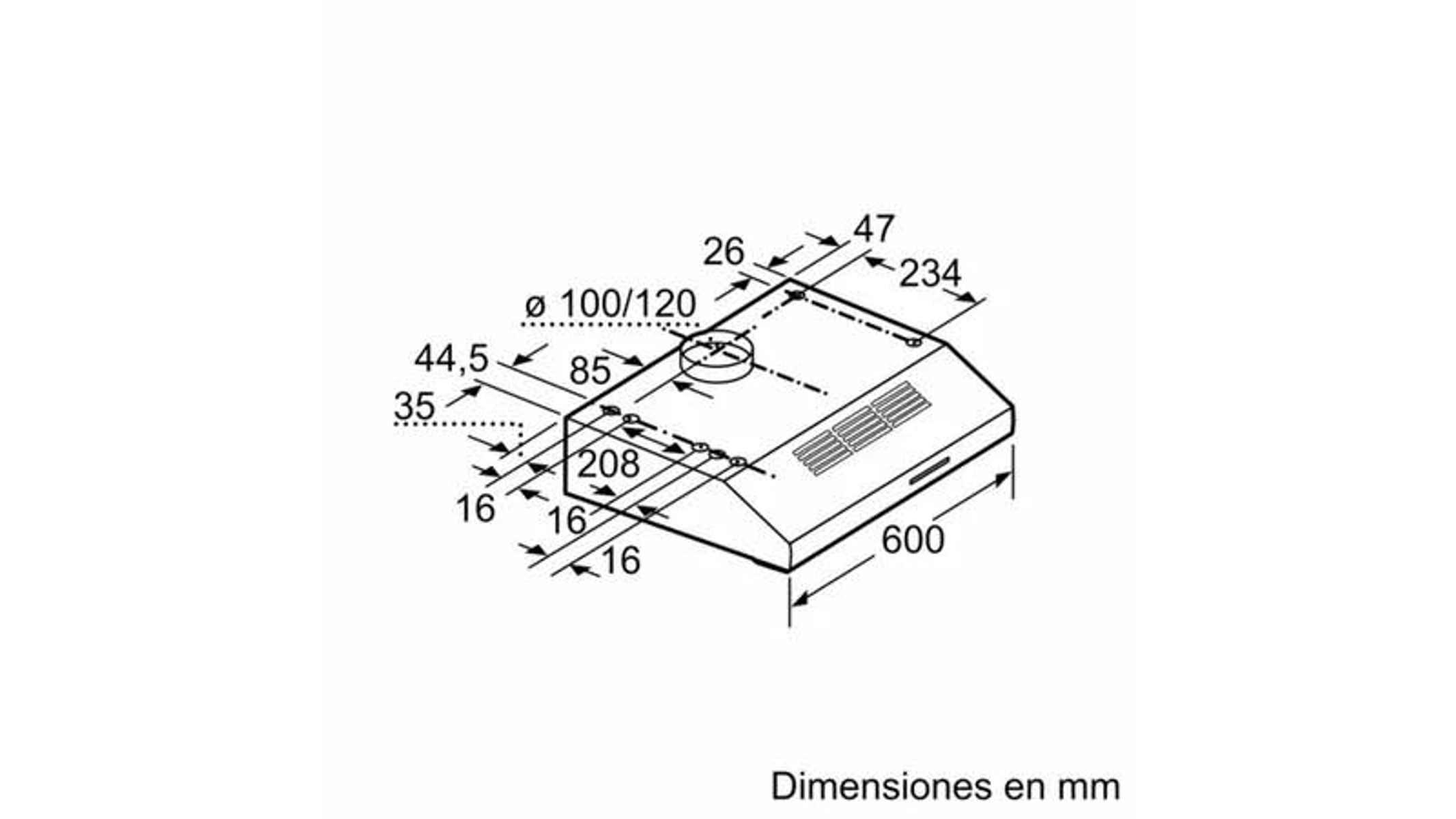 Disegno tecnico di una cappa aspirante, con dimensioni in millimetri.
