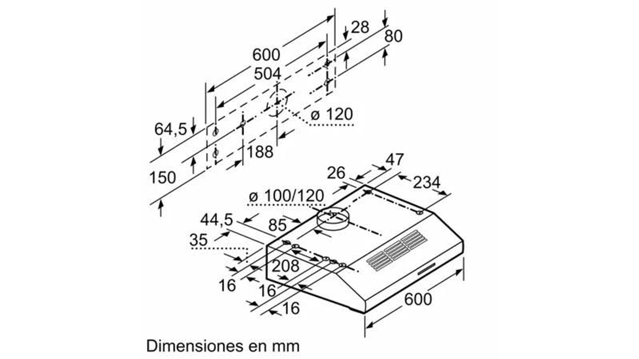 Schema di una cappa, con dimensioni e dettagli di installazione.