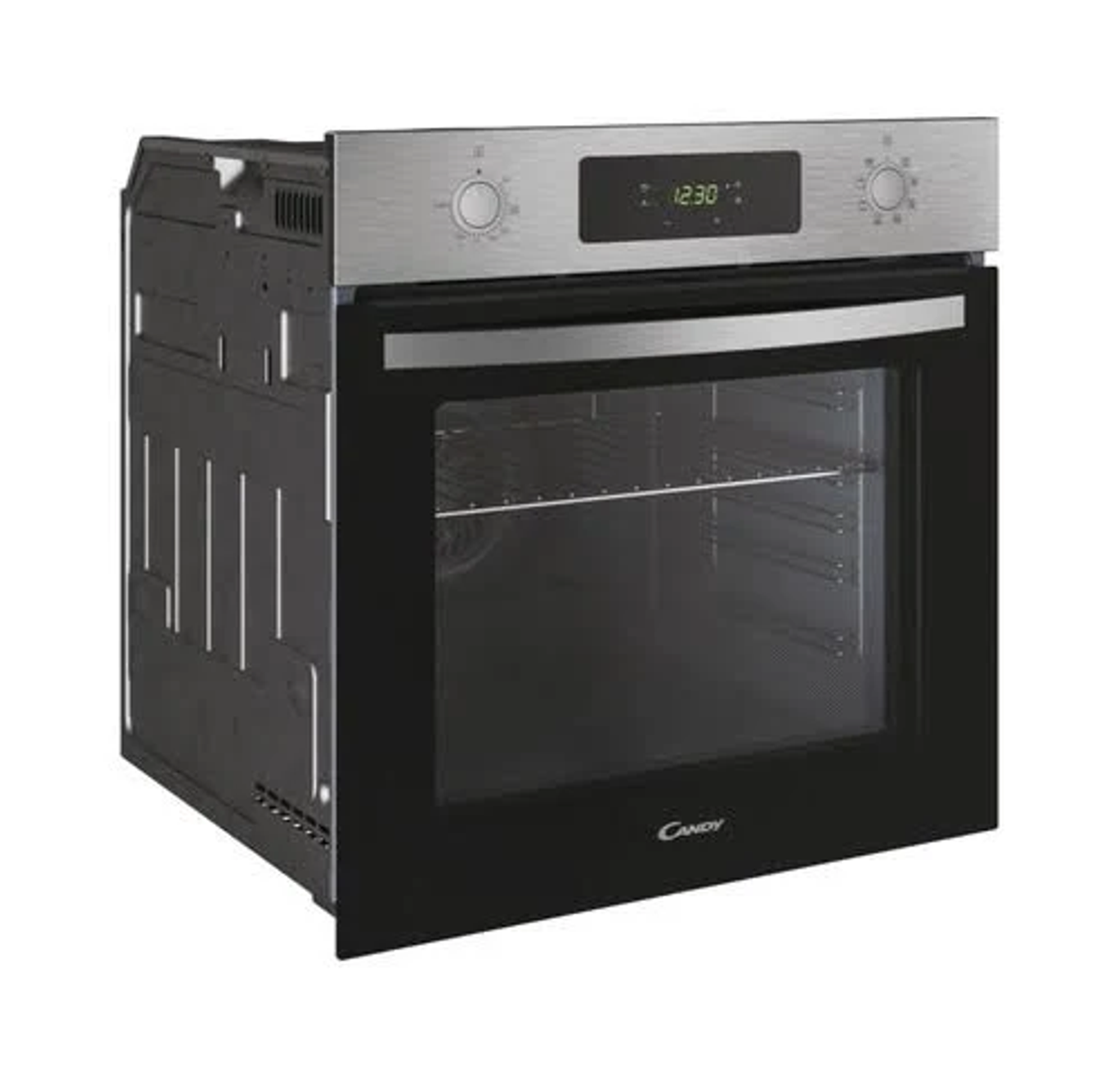 Forno con display digitale 12:30, design argento e nero.