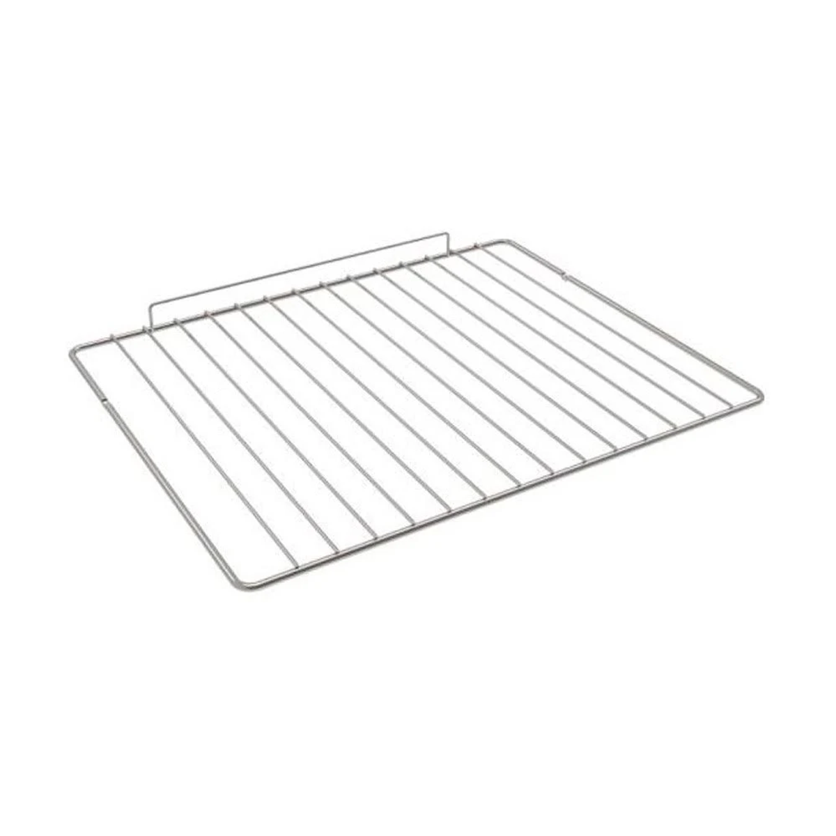 Una griglia per forno in acciaio inox, piatta e rettangolare, con barre metalliche parallele.