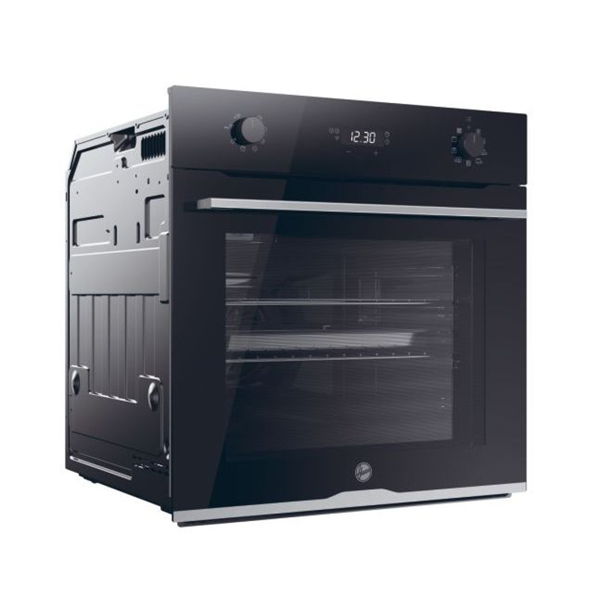 Forno nero con porta in vetro, pannello di controllo e display digitale.