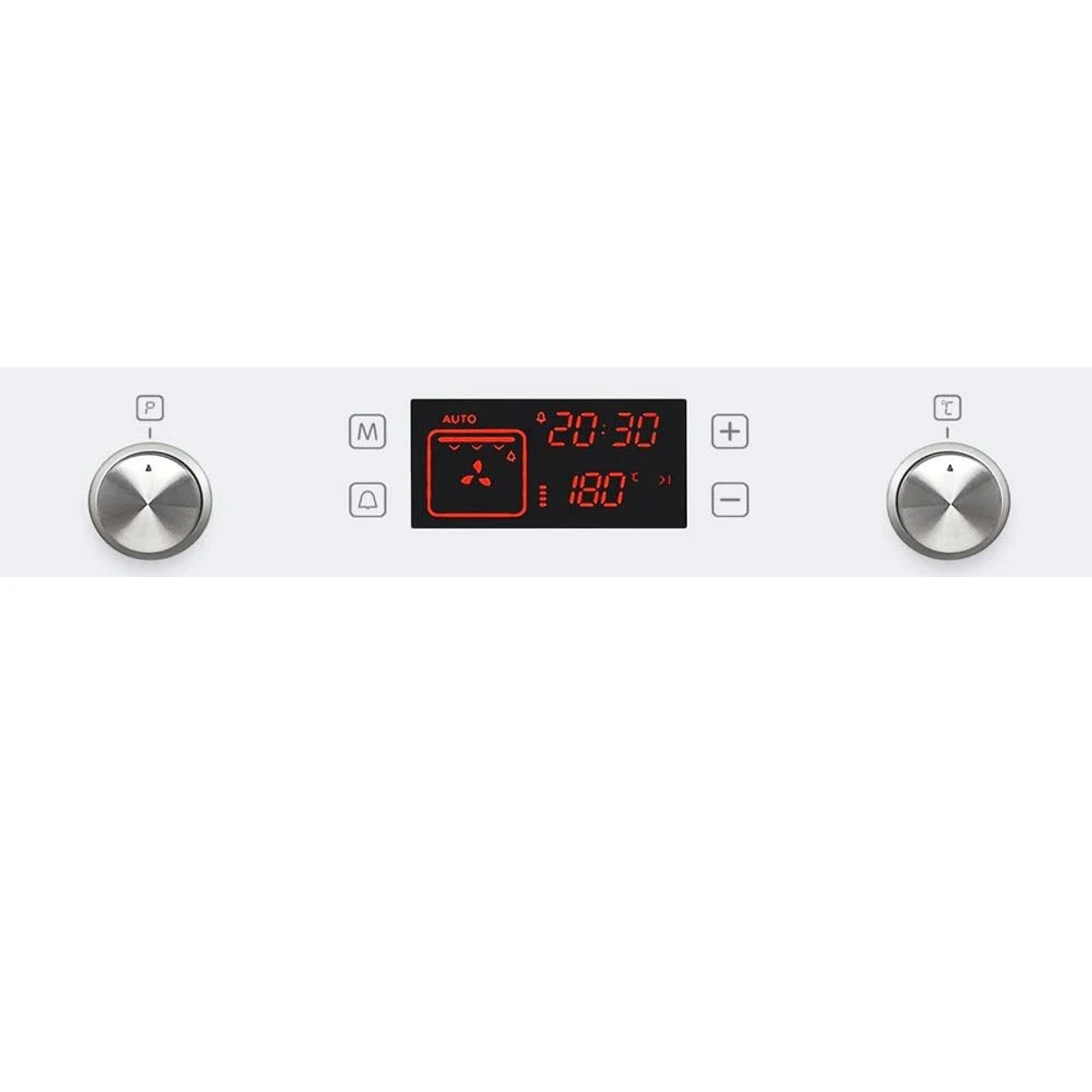 Panel de control del horno con pantalla digital que muestra la hora y la temperatura. Perillas a los lados.