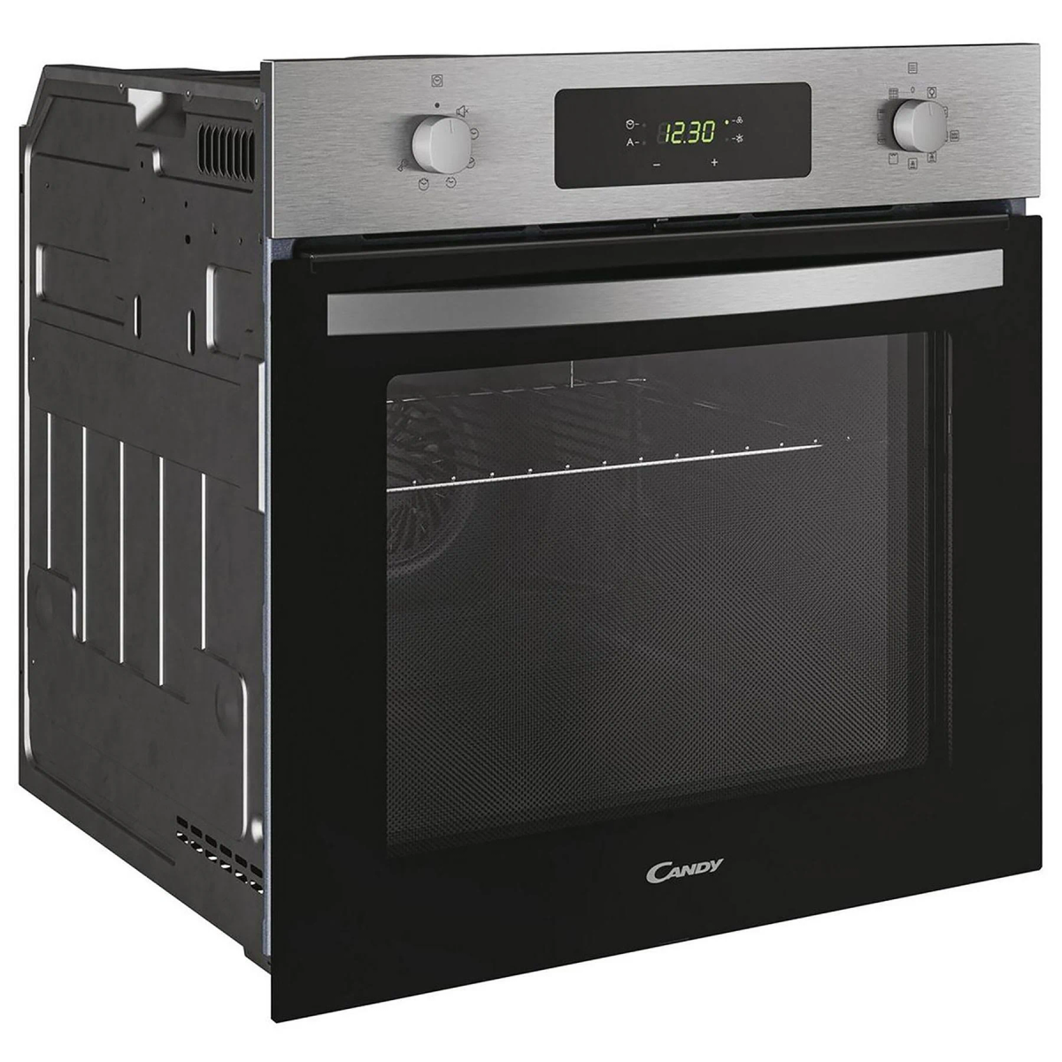 Forno in acciaio inox con porta in vetro nero e display digitale.