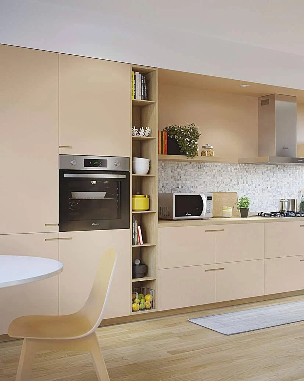 Una cucina moderna con mobili, forno, microonde e tavolo rotondo.