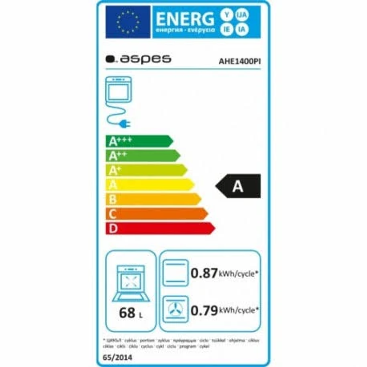 Etiqueta energética para un horno .aspes, que muestra la clase de eficiencia energética A y los detalles de consumo.