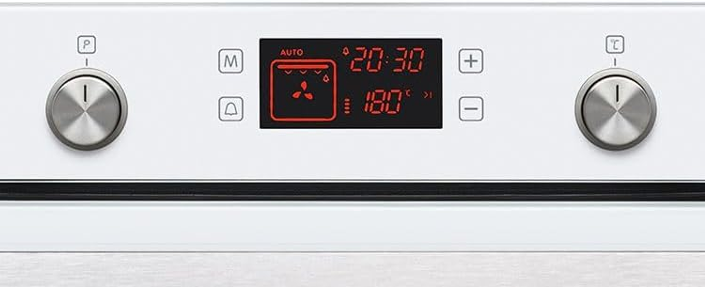 Primer plano del panel de control del horno con pantalla, diales y botones.