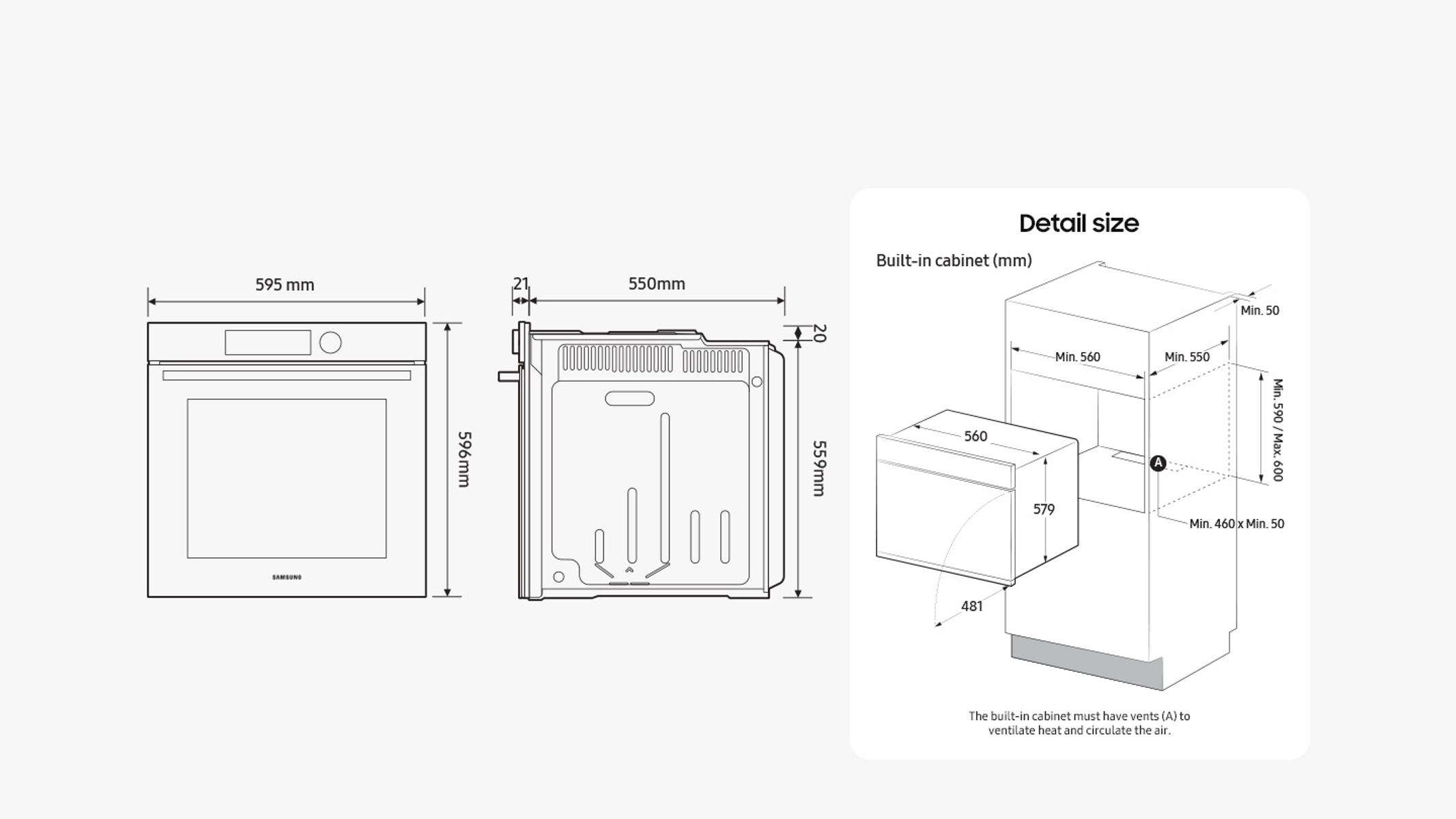 Diagrama de un horno. Muestra dimensiones y detalles de instalación con etiquetas.