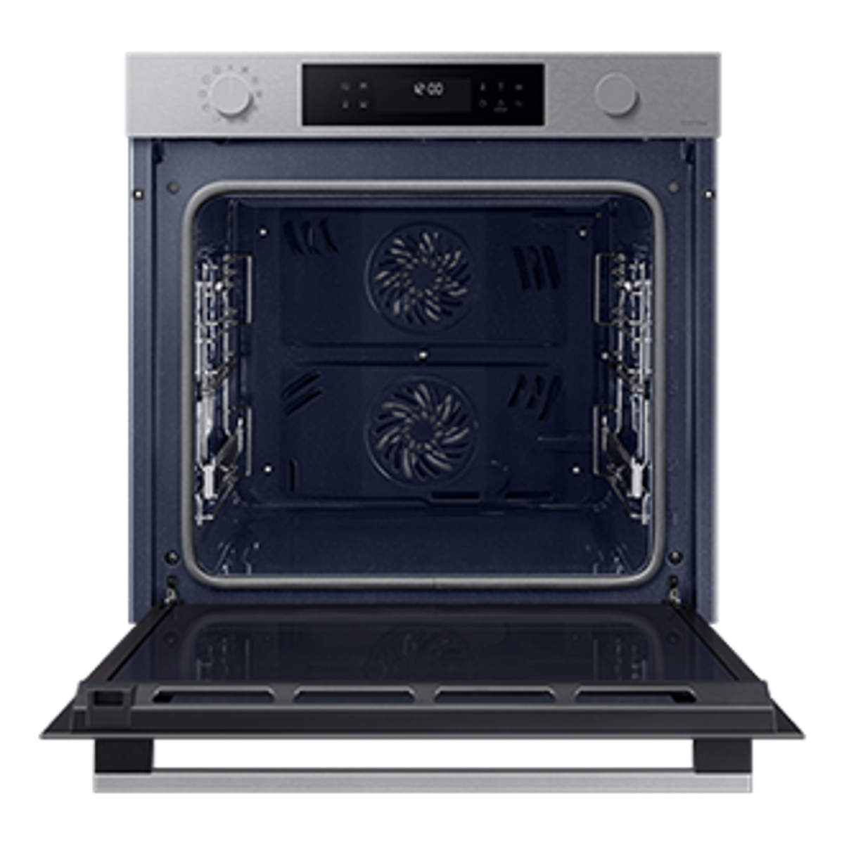 Un interior de horno abierto. Interior azul con dos ventiladores y rejillas metálicas.