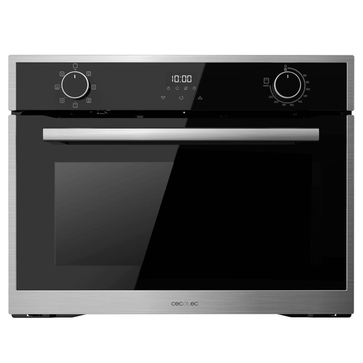 Horno negro con puerta de vidrio y marco de acero inoxidable. Una pantalla digital arriba.