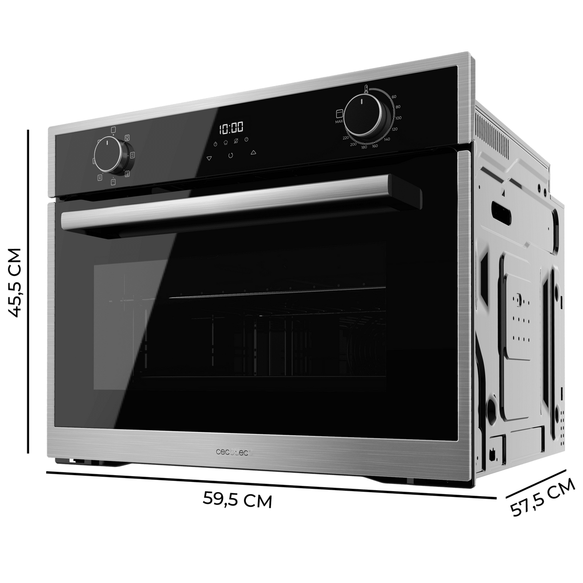 Horno moderno, vista lateral, dimensiones visibles. Diseño acero y negro.