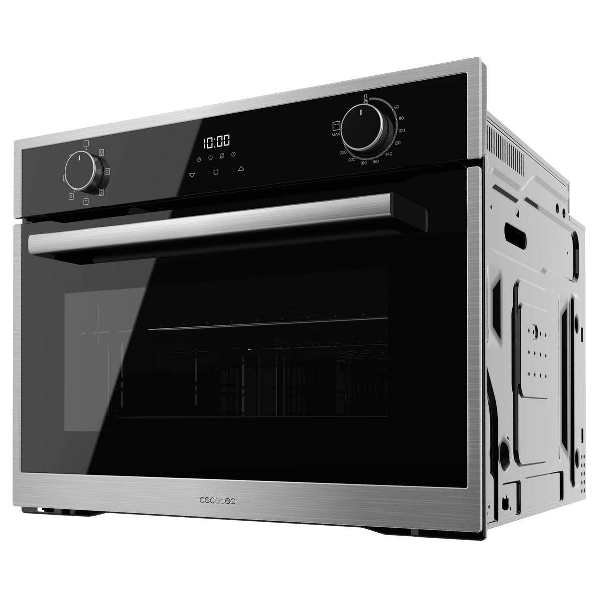 Un horno de acero inoxidable con puerta de cristal negra y pantalla digital.