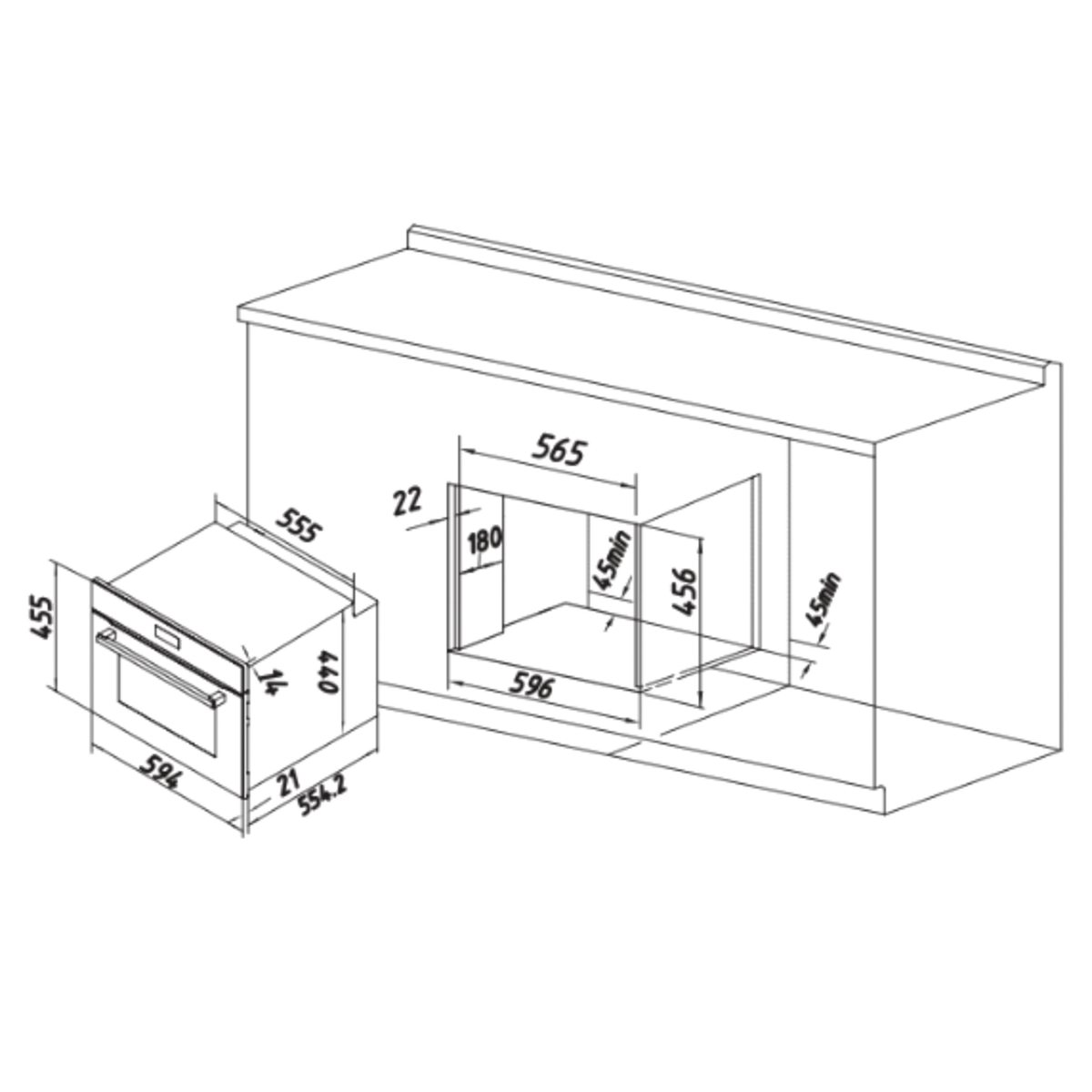Un dibujo técnico de un horno empotrado con dimensiones.