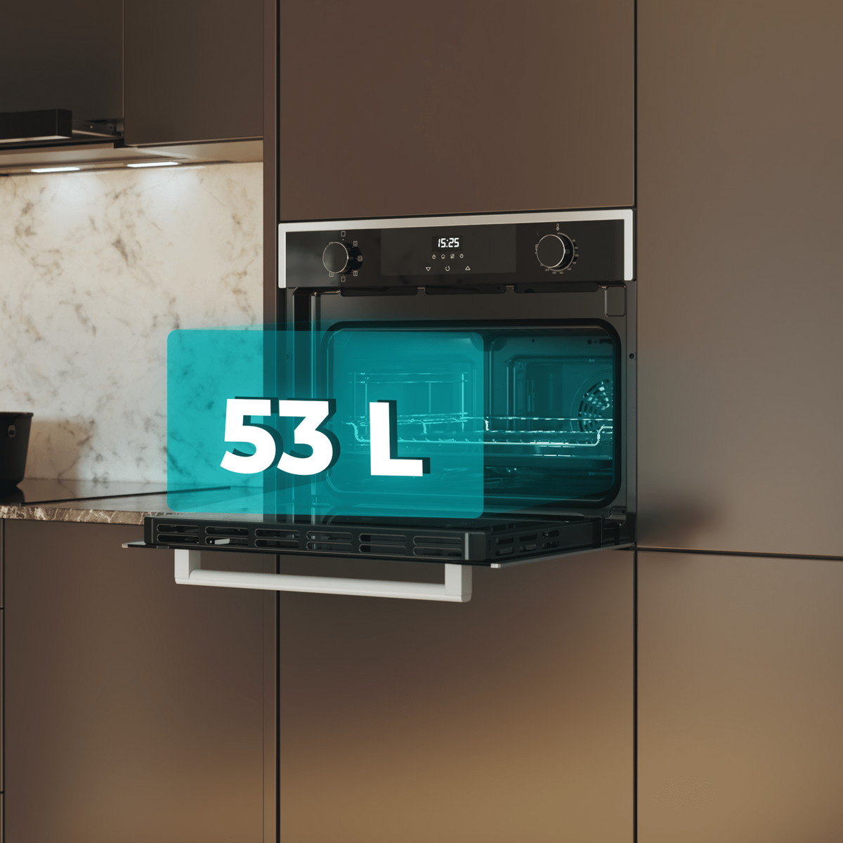 Un horno negro con la puerta abierta. El texto "53 L" está superpuesto en el horno abierto.
