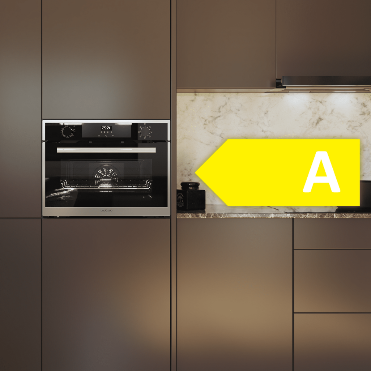 Horno empotrado en cocina, con etiqueta energética clase A.