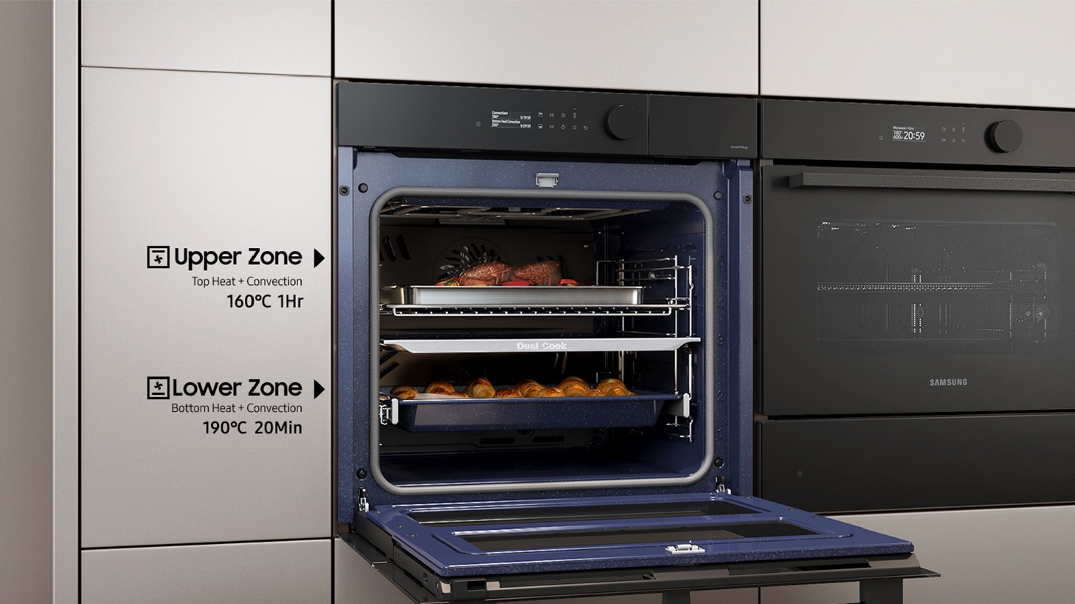 Forno con comandi e display. Interno con griglie e ventola. Logo Candy visibile.