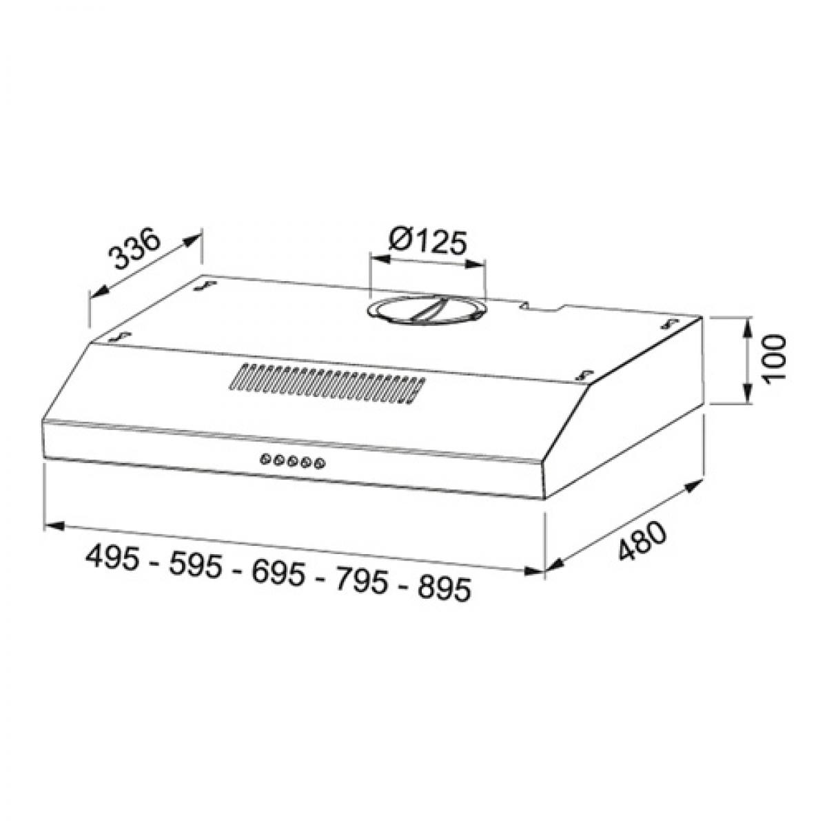 Diagrama de una campana extractora con dimensiones. Forma de caja con ventilación superior y controles inferiores.