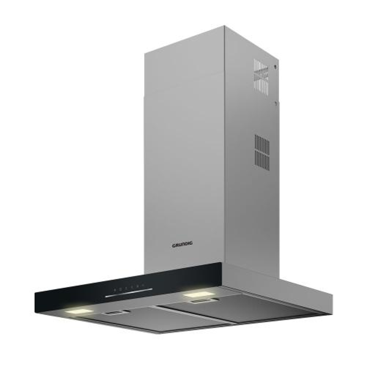 Una campana extractora Grundig plateada sobre un fondo blanco.