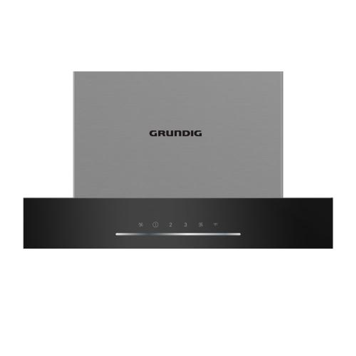 Campana extractora negra con el logotipo GRUNDIG. Tiene un panel de control táctil en la parte inferior.