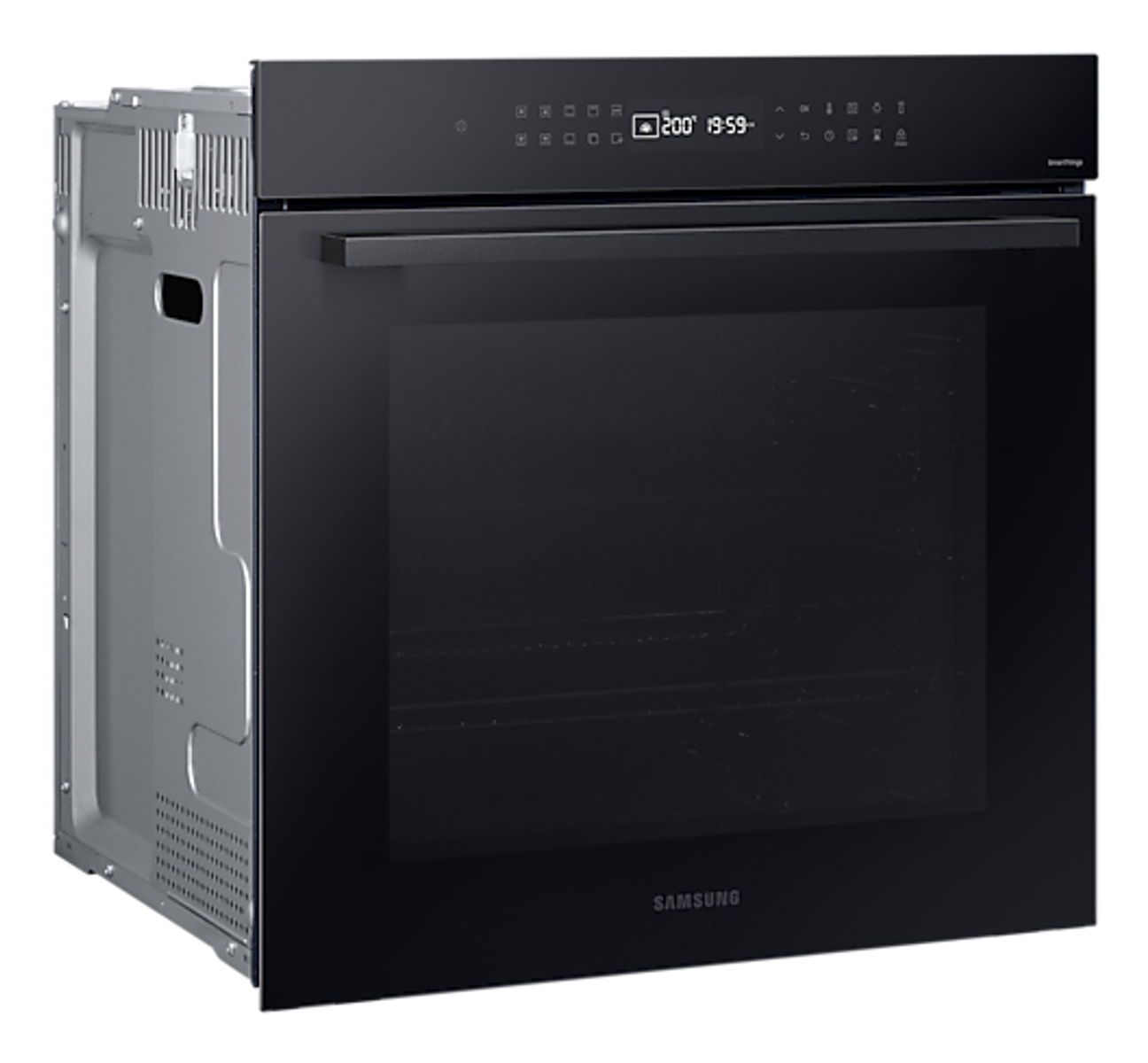 Un horno Samsung negro con panel táctil superior y puerta de vidrio.